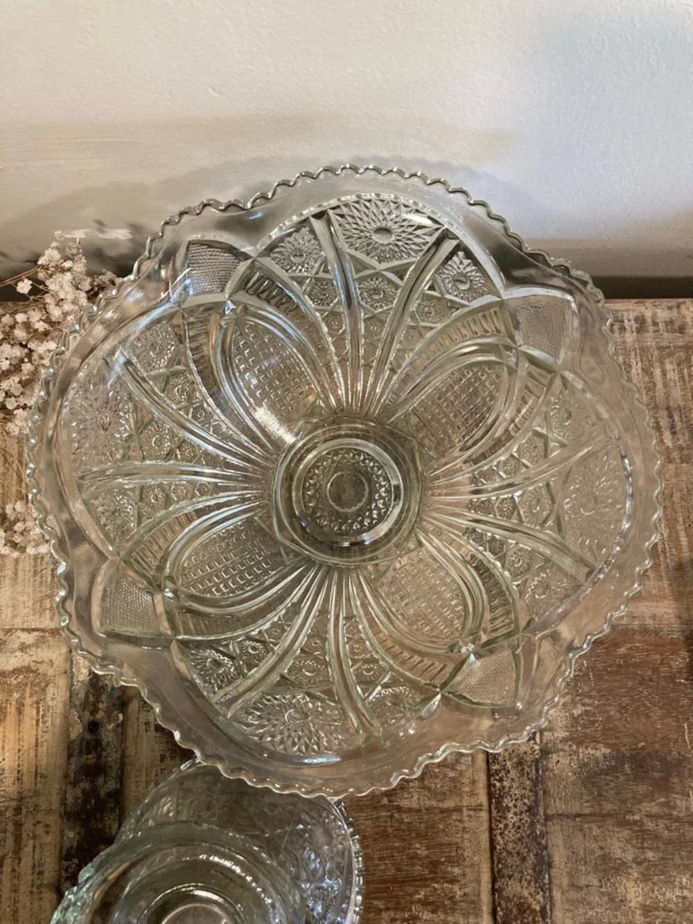 Mismatched Glass Punch Bowl and Base Flowers Pattern